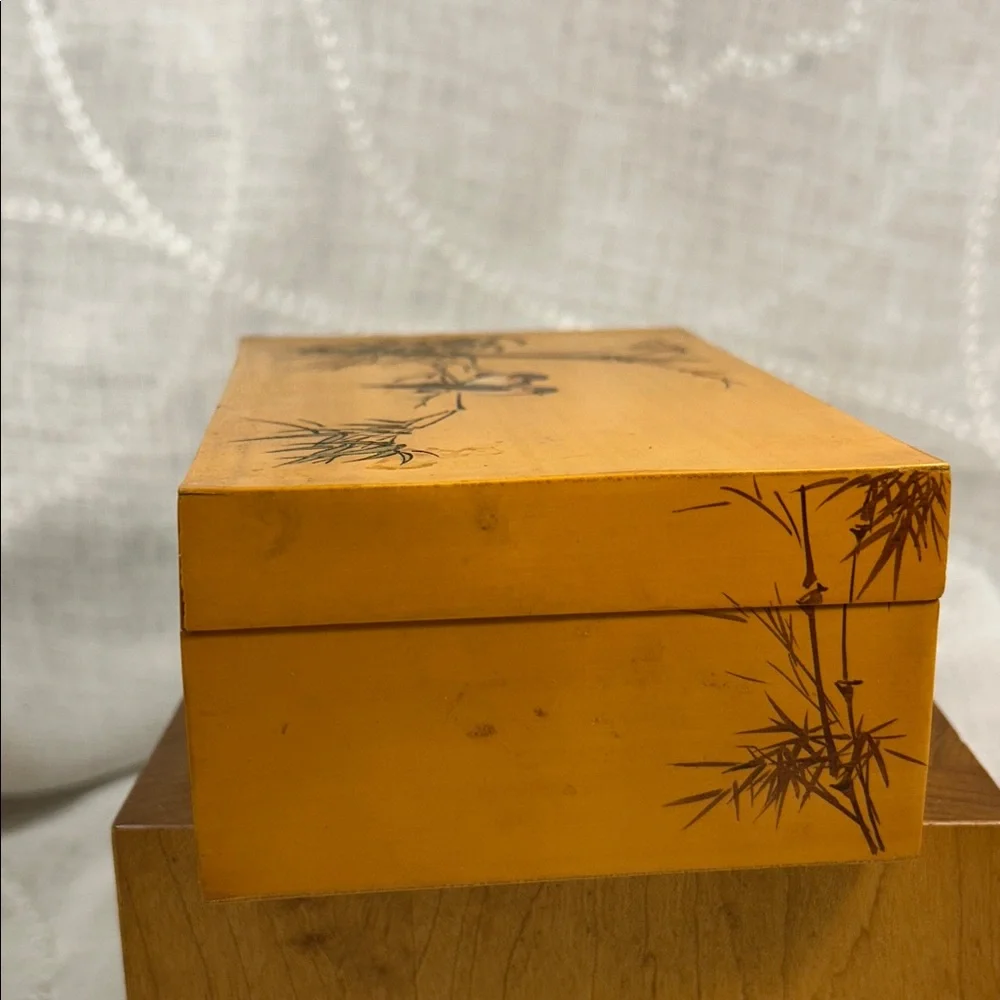 Vintage Jewelry wooden box with bamboo and birds hand painted